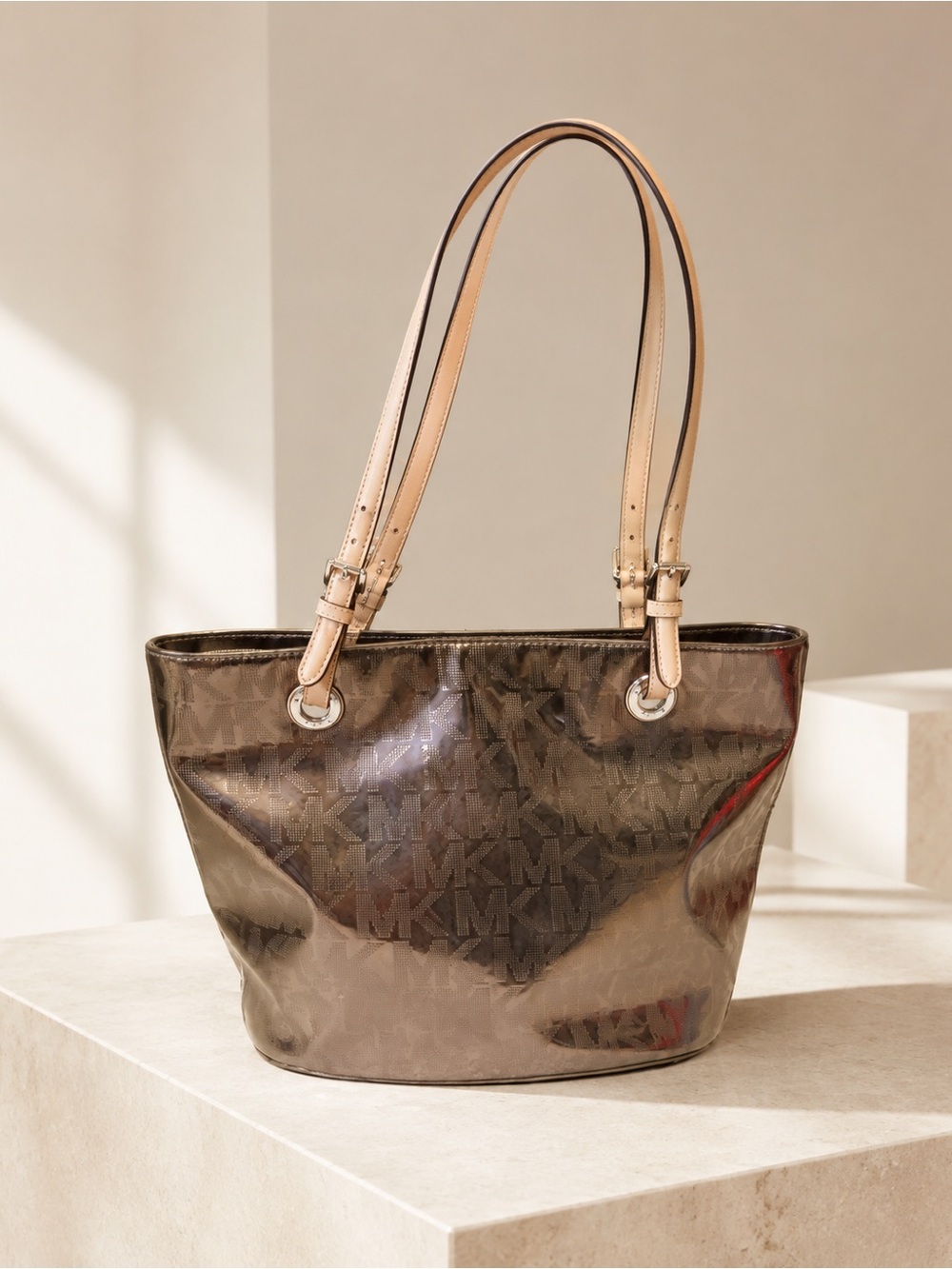 Michael Kors Brown Monogram Patent Tote with Tan Straps | AS IS